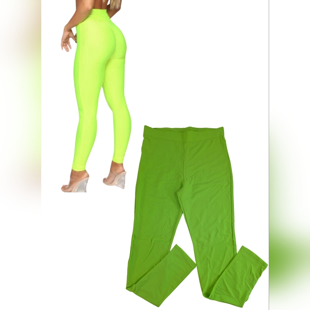 Fashion Nova Neon Green Leggings Size L Stretchy 2035-Cm